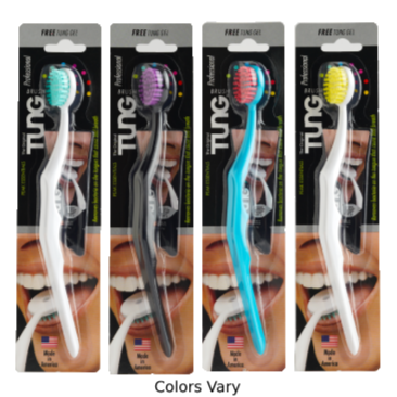 Four TUNG Advanced toothbrush packages with different colored toothbrushes on a white background.